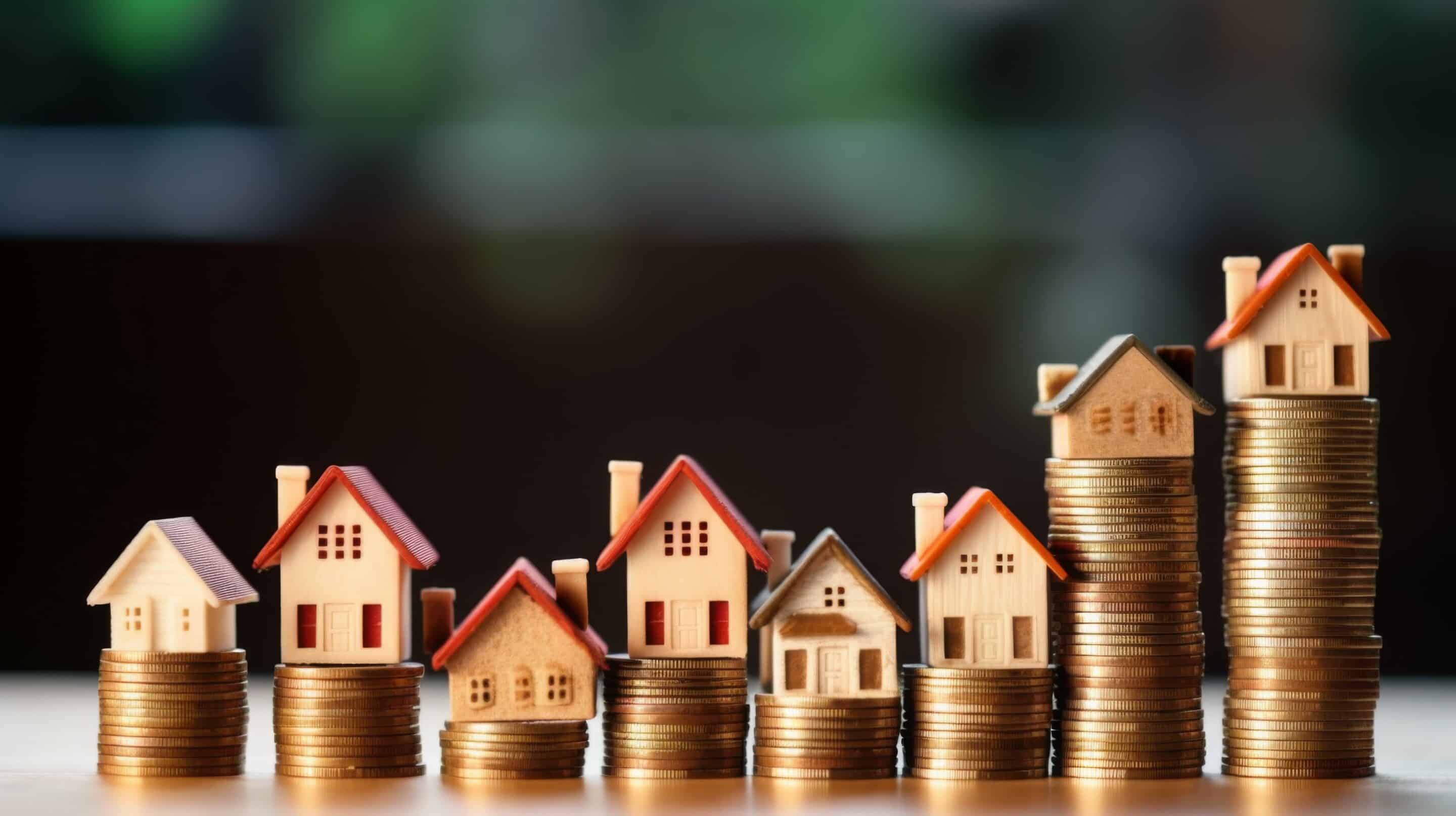 Mini houses on growing stacks of coins, representing how the Property Stacking Method builds wealth and $100K+ in passive income through smart real estate investing.